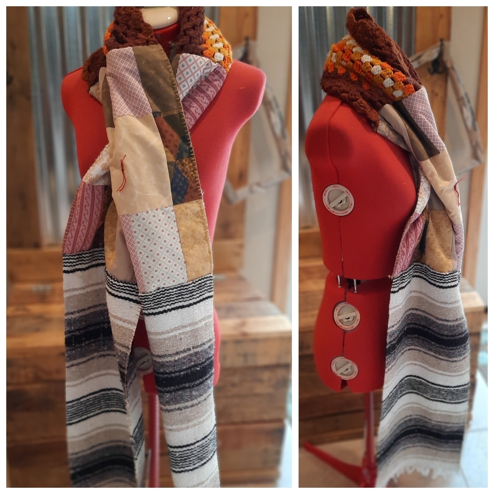 Upcycled long winter patch Blanket scarf handmade browns Dont Throw It Out
